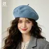 Boina de lã clássica de alta costura para outono e inverno para mulheres, boina de lã simples de cor sólida artística retrô universal