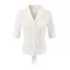 Camisa Jacquard Rayada Estilo Traje con Cuello y Mangas Medias, Nuevo Estilo de Verano, Ceñida a la Cintura, Lazo en la Espalda, Corte Delgado, Elegante