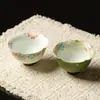 Taza de Té de Cerámica Pintada a Mano con Forma de Flor y Pie Alto para Uso Doméstico, Juego de Té Kung Fu, Taza de Degustación Estilo Antiguo