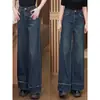 Nuevos Jeans de Pierna Ancha Estilo Retro Azul Oscuro para Mujer Cintura Alta Sueltos Caídos Borde Crudo Pantalones Rectos