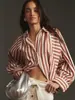 Camisa casual de rayas verticales en bloques de color, popular transfronteriza europea y americana para mujer, con cuello de solapa, botones de un solo pecho, mangas caídas y estilo relajado