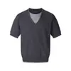 Camiseta de Punto Color Block con Cuello en V de Manga Corta, Estilo Old Money Americano, Falsa de Dos Piezas, Unisex, Minimalista, Perezoso, Casual, Moderna