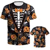 Camiseta Masculina Manga Curta Estampada em 3D para Halloween da Amazon Caveira Traje Falso Tema Engraçado Assustador