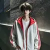 Sudadera con capucha de punto a rayas de color block estilo americano para hombre, otoño, peso pesado, hombro normal, chaqueta de marca de alta gama, de moda, con capucha