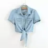 Camisa de mezclilla de manga media con nudo y capa pequeña para mujer, estilo coreano, chaqueta corta delgada para dama, stock al por mayor