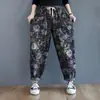 Primavera 2025 Vaqueros Casuales Estampados Vintage Ajuste Delgado Holgado Holgado Holgado Cintura con Cordones para Chicas Curvy Lavados Pantalones Harlan para Mujer