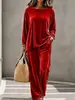2026 Otoño e Invierno transfronterizo europeo y americano nuevo conjunto casual para mujer con cuello redondo, manga larga, pantalones de longitud extendida, traje de terciopelo para mujer