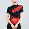 Camiseta de Verano Nueva para Mujer Miyake con Cuello Medio Alto de Manga Corta Elegante Estampada Ajustada Elástica de Moda