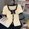 Top Cropped de Malha Ice Silk Laranja Estilo Chanel Quadrado Manga Curta Feminino 2025 Chegada de Verão Camiseta com Laço