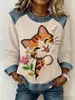 Sudadera con Cuello de Mezclilla Estampado 3D en Bloques de Color Estilo Europeo y Americano 2026 para Mujer, Jersey de Manga Larga, Holgada Casual Estilo Vacaciones Transfronterizo
