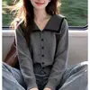 Novo Cardigan Elegante de Tricô Outono/Inverno 2026 Estilo College Coreano Gola Azul Marinho Listrado Suéter de Botão Único para Mulheres