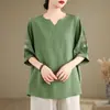 Camisa de Linho de Algodão Bordada Estilo Étnico Retrô Feminina 2026 Verão Estilo Fino Camisa para Mãe de Meia-Idade Top com Temperamento Artístico