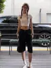 Shorts de Mezclilla Negros Estilo Americano para Mujer, Verano Cintura Alta Adelgazantes Rectos Sueltos Versátiles de Longitud Media Pierna Ancha
