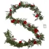Luces de guirnalda LED de pino y ciprés navideño con bayas rojas, piñas, flores de Pascua, guirnalda decorativa, colgante para puerta, guirnalda de decoración festiva para chimenea
