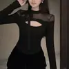 Camiseta Hueca con Lazo para Mujer 2025 Primavera y Otoño Nueva de Cuello Medio Alto Chica Atrevida de Manga Larga Camiseta Básica Adelgazante