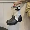 Botas de salto grosso com design color blocking até a panturrilha parecem 2026 Botas de Cowboy Ocidentais Femininas Couro Fivela Botas de Cavaleiro Novo Outono Inverno Retrô