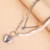 Collar con colgante de amor de doble capa, cadena de metal con perlas de imitación, estilo transfronterizo europeo y americano, para mujer.