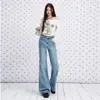 Jeans acampanados elásticos de cintura alta color blanco roto transfronterizos para mujer, nuevo modelo principios de otoño 2026, color liso, no ajustados, versátiles y largos