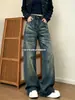 Chao Li tiene en stock Jeans Americanos de Calle Lavados Desgastados Pierna Curva para Mujer Sueltos Adelgazantes Caída Pierna Ancha Pantalones de Longitud al Suelo