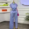 Roupas Femininas Transfronteiriças Europeias e Americanas Outono 2025 Nova Moda Camisa de Manga Curta Listrada com Lapela Conjunto Casual de Calças Longas de Pernas Largas