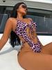 Traje de Baño Sexy Europeo y Americano Estampado de Leopardo con Amarre Traje de Baño de una Pieza para Vacaciones para Mujeres Comercio Exterior Traje de Baño Transfronterizo