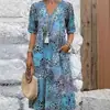 Vestido Largo Casual de Vacaciones Nuevo Transfronterizo de Moda Europea y Americana para Mujer con Bolsillos, Escote en V de Encaje y Manga Corta 2025
