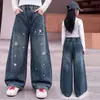 Jeans para niños para primavera y otoño, pantalones elegantes de pierna ancha para niñas, prendas exteriores casuales holgadas para niños mayores, pantalones rectos versátiles, modernos