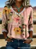 2026 Nueva Camiseta Estampada Transfronteriza de Cuello en V Top de Encaje Elegante Camisa Casual para Viajes Diarios para Mujer Verano