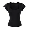Camiseta de Manga Corta de Tencel Estilo Deseo Puro Cuello en U Borde Ondulado Verano Nueva Versátil Adelgazante Color Sólido Prenda Base para Mujer