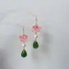 Aretes de Loto, Flores Rosas, Aretes de Gota de Agua Verdes, Broches para Orejas, Estilo Chino Nicho Diseño Original, Aretes Estilo Super Hada