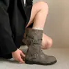 Botines elegantes y modernos de estilo retro, sin cordones, con punta redonda para mujer, botines de una sola temporada para otoño e invierno, botines nuevos de media pantorrilla, suela plana, 2026, con hebilla de cinturón