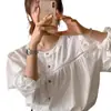 Moda Feminina Nova Dongdaemun Coreia 2026 Chique Patchwork Renda Vazada Versátil Camisa Doce Primavera e Outono Cor Sólida