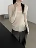Blusa de tricô feminina estilo coreano, cor sólida com listras, gola U, manga longa, de lã, nova para outono de 2026, slim fit, para usar como base