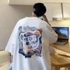 Camiseta Estampada de Casal Verão Masculina Manga Curta Solta Nova 2024 Tendência Ins Versátil Manga Três Quartos Roupa Masculina