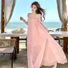 Vestido de Moda Plisado sin Tirantes ni Hombros Descubiertos con Cintas, Falda Larga Súper de Hada con Dobladillo Amplio, Ambiente de Estilo Vacacional en Isla para Mujeres