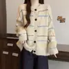 Cardigan Suéter Tricotado Listrado Color Block Retrô Estilo Coreano para Mulheres Top de Alta Qualidade Solto Emagrecedor Gola Redonda Manga Longa Peça de Roupa Exterior