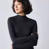 Textura listrada sem costura, efeito emagrecedor, gola semi-alta, elegante, casual, segunda pele de lã pura para mulheres, adequada para primavera e outono