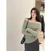 Blusa Ombro a Ombro para Mulheres, Peça de Base de Tricô Slim-Fit de Manga Longa de Nicho para Primavera, Versátil para o Trabalho, Decote Ombro a Ombro Fashion