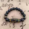 Pulsera de Cuenta Dzi Obsidiana Negra Anti-Negro con Estampado Dorado Mantra de Seis Palabras, Joyería Vintage de Vidrio de un Solo Círculo para Hombre, Suministro al por Mayor