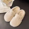 Chinelos peludos femininos para usar ao ar livre, nova moda slip-on outono e inverno, meio chinelos de bico fechado, chinelos de algodão, sapatos peludos