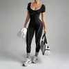 Macacão de Yoga Transfronteiriço Peça Única com Mangas Curtas Color-Blocking, Leggings Justas de Efeito Bumbum Empinado e Peça Externa Integrada para Esportes e Fitness Feminino