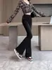 Calça Jeans Flare de Cintura Alta Slim-Fit Preta Estilo Americano para Mulheres, Primavera 2026, Forrada com Lã, Elástica, Comprimento Total Bootcut