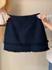 Falda Corta Azul Oscuro Ajustada al Cuerpo para Mujer Verano Estilo Coreano con Volantes y Encaje Línea A Cintura Alta Adelgazante Corta Casual para Bajitas