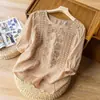 Top de Algodón y Lino de Manga Media para Mujer Bordado Holgado Artístico Vintage Camiseta de Algodón y Lino Verano Delgado Ropa Zen para Té Holgada para Mujer