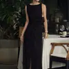 Ropa de Trabajo Color Tinta Selva Tropical Seda Lino Cintura de Lazo Abertura Vestido Chaleco sin Mangas Versátil para el Trabajo Chaleco Vestido