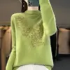 Camiseta de punto de lana con hoja de arce, cuello alto, cuello alto, para mujer, con diamantes de imitación y versátil suéter de terciopelo Andy de punto para mujer
