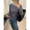Camiseta base de lana para mujer con cuello redondo, jersey de punto de manga larga, diseño con ribete de encaje, top ajustado