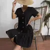 Vestido Feminino de Verão 2025 de Botão Único com Bolsos Largos e Barra Franzida Casual de Manga Curta