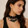 Collar de Halloween Europeo y Americano para Mujer, Cadena para Clavícula con Colgante de Murciélago Oscuro Gótico, Accesorio Gargantilla de Encaje Negro y Perlas Negras