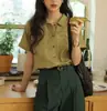 Camisa de Lino Retro Francesa con Manga para Mujer Verano 2025 Nueva Camisa de Manga Corta Holgada Adelgazante con Cuello Polo